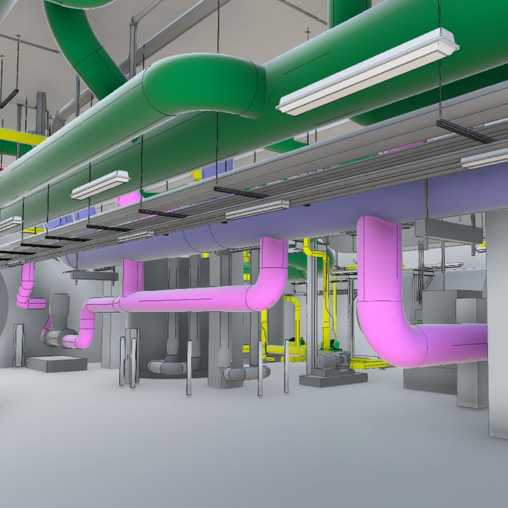 Model view of a mechanical room with process piping and equipment